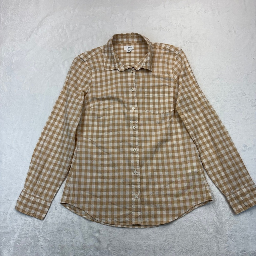 J.Crew Tan Gingham Cotton Button Down Shirt Petite Large PL Re-Imagined